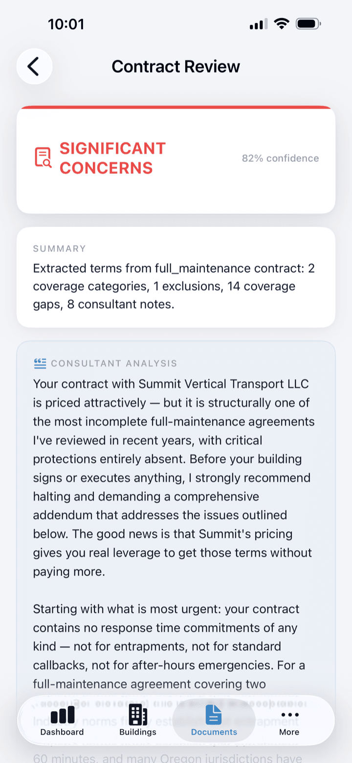 Consultant findings screen on iPhone showing a verdict with cited line items.